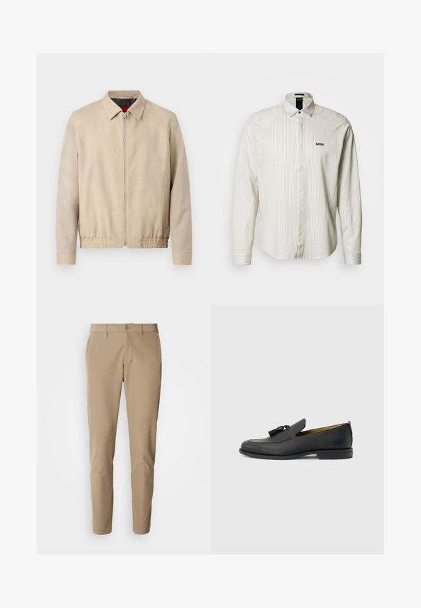 Veste légère beige pour homme avec fermeture éclair sur le devant, col pointu, manches longues, ourlet élastique et poches latérales.; Chemise à manches longues rayée en beige clair et blanc, dotée d'un col classique, d'une fermeture à boutons, et d'un logo brodé "BOSS" sur la poitrine.; Pantalons beiges en tissu lisse avec une coupe droite, dotés d'une fermeture à bouton et de poches avant, accompagnés de passants de ceinture.; Mocassin pour homme en cuir noir avec pompons, bout arrondi, petit talon et languette à l'arrière, présenté de profil sur un fond gris clair.