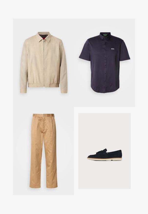 Beige Herren-Leichtjacke mit Frontreißverschluss, spitzem Kragen, langen Ärmeln, elastischem Saum und Seitentaschen.; Kurzärmeliges Poloshirt in Dunkelblau aus glattem Baumwollmischgewebe, mit einem Button-Down-Kragen und dem gestickten "BOSS"-Logo auf der Brust.; Khaki-Hosen aus Baumwollmischung, im geraden Schnitt, mit Vorderfalten, Gürtelschlaufen und Knopfverschluss. Glatte Textur ohne Muster.; Schwarzer Veloursleder-Herrenslipper mit Quasten und beiger Sohle, von der Seite auf weißem Hintergrund betrachtet.