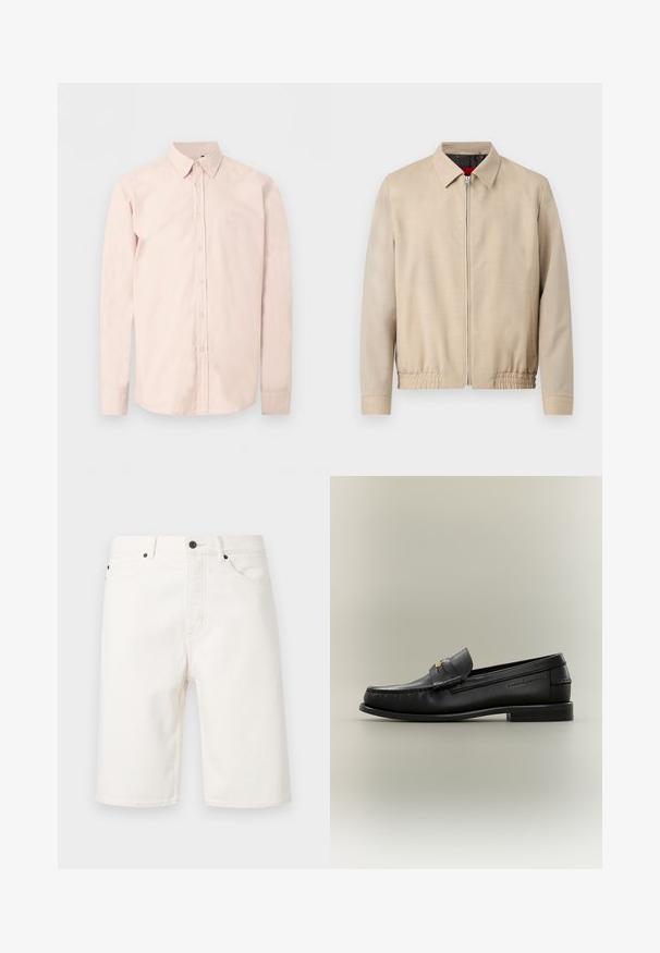 Veste légère beige pour homme avec fermeture éclair sur le devant, col pointu, manches longues, ourlet élastique et poches latérales.; Chemise rose clair à manches longues avec boutons, col pointu, logo discret sur la poitrine et poignets boutonnés sur un fond blanc uni.; Short en denim blanc avec bouton et fermeture éclair à l'avant, passants pour ceinture et design à cinq poches, présenté sur un fond uni.; Mocassin noir en cuir à enfiler avec petit talon, boucle dorée et nom de marque embossé sur le côté sur fond neutre.