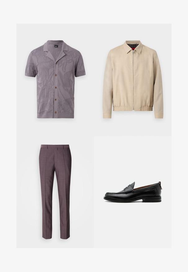 Veste légère beige pour homme avec fermeture éclair sur le devant, col pointu, manches longues, ourlet élastique et poches latérales.; Chemise lavande à manches courtes avec boutonnière, motifs abstraits texturés et col camp, étiquetée "BOSS" à l'intérieur de l'encolure.; Pantalons sur mesure pour hommes dans une teinte violette douce, présentant une texture lisse, une coupe droite et des plis avant pour un détail supplémentaire.; Mocassin homme en cuir noir avec couture moc toe, bride penny, col texturé et petit talon empilé sur fond blanc.