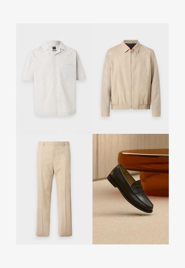 Veste légère beige pour homme avec fermeture éclair sur le devant, col pointu, manches longues, ourlet élastique et poches latérales.; Chemise gris clair à manches courtes avec boutons, poche poitrine et col plié, marquée "BOSS" sur la poche et l'étiquette du col.; Pantalon beige sur mesure avec passants pour ceinture, pli devant et fermeture éclair dissimulée, présenté sur un fond uni.; Chaussure mocassin en cuir noir suspendue au-dessus d’un tapis beige avec du mobilier moderne couleur ambre en arrière-plan.