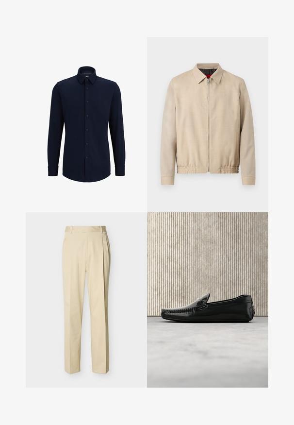 Veste légère beige pour homme avec fermeture éclair sur le devant, col pointu, manches longues, ourlet élastique et poches latérales.; Chemise à manches longues bleu marine, boutonnée, en tissu tissé, avec un col classique, une coupe droite et une fermeture à boutons sur le devant.; Pantalon beige à jambe droite avec passants de ceinture et plis sur le devant, sur un fond uni clair.; Mocassins en cuir noir avec une finition brillante, bout rond et quincaillerie décorative à l'avant. Semelle en caoutchouc à profil bas. Texture lisse.