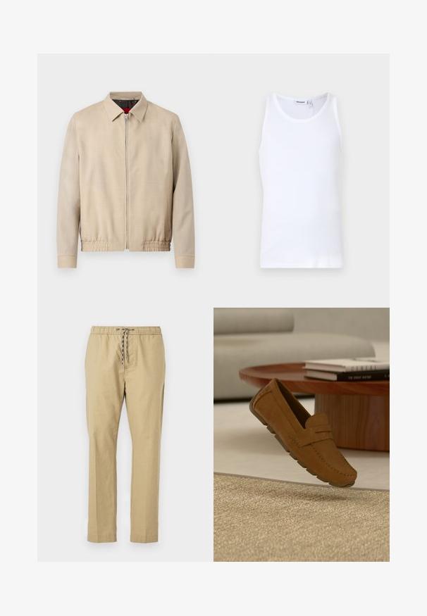 Veste légère beige pour homme avec fermeture éclair sur le devant, col pointu, manches longues, ourlet élastique et poches latérales.; Débardeur en coton blanc avec un col rond et des bretelles larges. Texture lisse, sans motifs, design épuré et étiquette de marque au niveau du col.; Pantalons beiges avec une taille élastique, un cordon de serrage ajustable, des jambes droites et une texture de tissu léger.; Mocassin en daim marron avec semelle en caoutchouc flottant au-dessus d'un tapis beige devant une table en bois et un canapé gris clair.