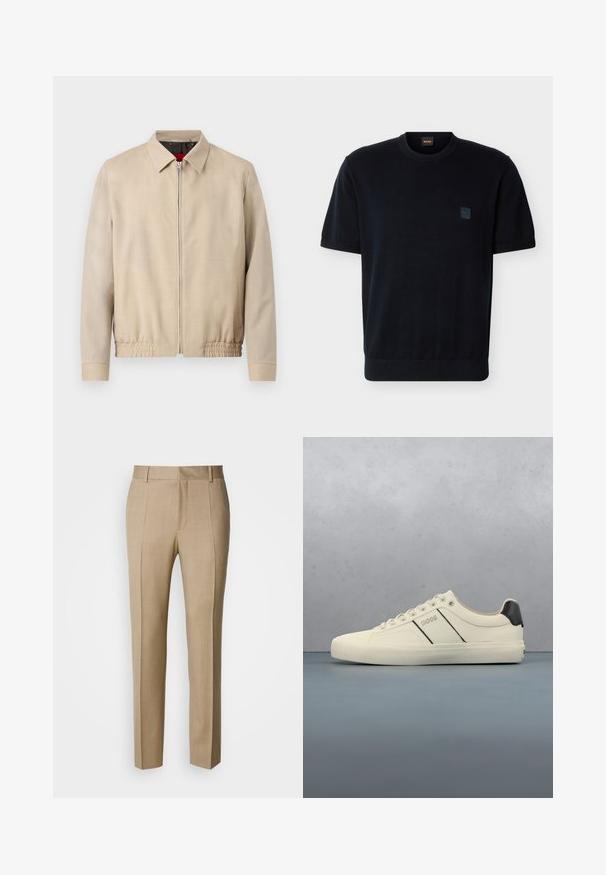 Chaqueta ligera para hombre en color beige con cierre frontal de cremallera, cuello puntiagudo, mangas largas, dobladillo elástico y bolsillos laterales.; Suéter negro de manga corta con cuello redondo, puños y dobladillo acanalados, con un pequeño parche de logo tonal en el pecho izquierdo.; Pantalones beige a medida con tela texturizada, corte plano y piernas rectas. Cuenta con bolsillos laterales y trabillas para cinturón, ofreciendo un aspecto pulido.; Zapatillas de color crema con una textura suave, que presentan acentos y marcas en negro. Diseño clásico de cordones con punta redonda y suela de goma.
