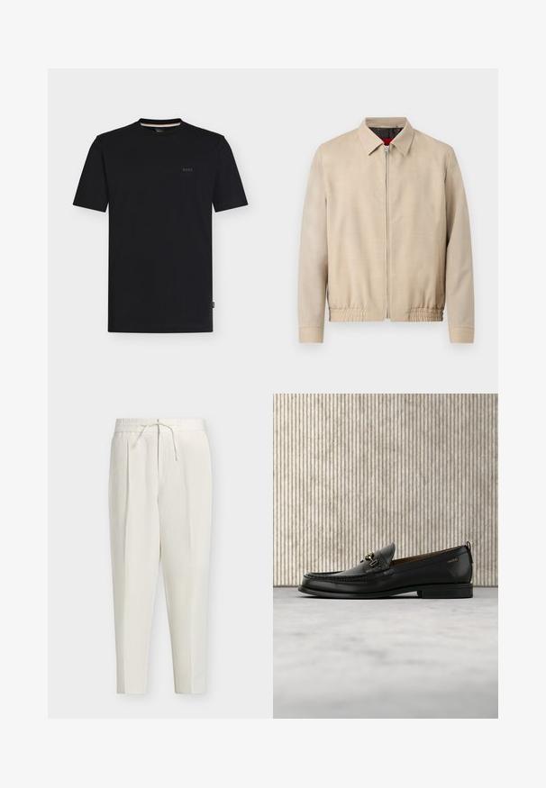 Beige herrelet jakke i letvægtsmateriale med lynlås foran, spids krave, lange ærmer, elastisk kant og sidelommer.; Sort T-shirt med korte ærmer og rund hals samt et lille "BOSS"-logo på venstre bryst, vist på en ensfarvet hvid baggrund.; Off-white smalle bukser med elastisk talje, forreste læg og justerbar snor i taljen.; Sort læderloafers med guldfarvet metaldekoration og "HUGO" branding, vist mod en beige tæppe og brunt gennemsigtigt møbel.