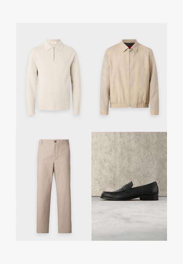 Veste légère beige pour homme avec fermeture éclair sur le devant, col pointu, manches longues, ourlet élastique et poches latérales.; Pull beige à manches longues avec un col et une courte fermeture éclair à l’avant, présenté sur un fond blanc.; Pantalon en coton beige à coupe droite, avec fermeture à glissière et bouton. Texture lisse avec poches avant et design minimaliste.; Mocassin en cuir noir flottant au-dessus d'un tapis beige avec une table ronde brune brillante en arrière-plan.