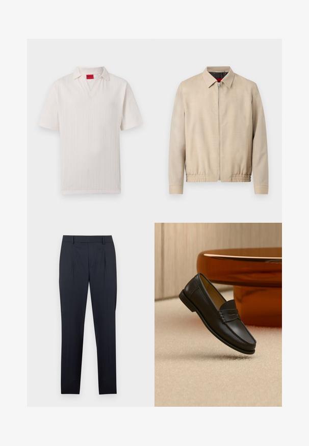 Veste légère beige pour homme avec fermeture éclair sur le devant, col pointu, manches longues, ourlet élastique et poches latérales.; Polo blanc à manches courtes en tissu texturé, avec une étiquette de marque Hugo rouge à l'intérieur du col et une ouverture en V.; Pantalon bleu marine foncé avec une coupe ajustée, comprenant des plis à l'avant, des passants pour ceinture et une silhouette à jambe droite. Texture lisse et coupe classique.; Chaussure mocassin en cuir noir suspendue au-dessus d’un tapis beige avec du mobilier moderne couleur ambre en arrière-plan.