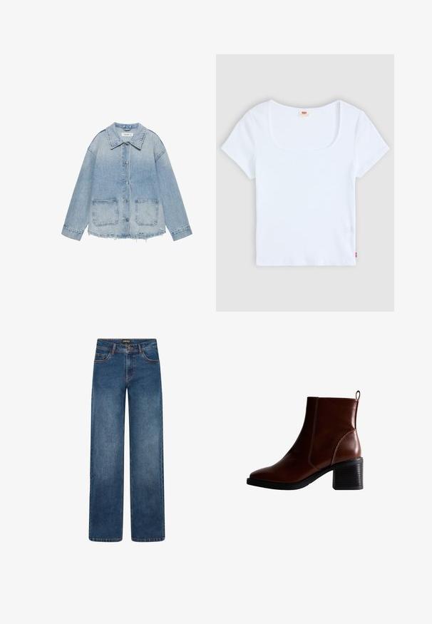 Veste en jean bleu clair avec fermeture à boutons, deux poches plaquées à l'avant, ourlet effiloché et manches longues.; Haut blanc à manches courtes avec un décolleté carré, fabriqué en tissu à texture côtelée. Présente une petite étiquette logo rouge en bas à gauche.; Jean en denim à jambes larges, de couleur bleu moyen. Comprend cinq poches, fermeture par bouton et fermeture éclair, et coutures doubles. Tissu durable.; Bottine en cuir marron avec un bout carré et des coutures sur le côté, un talon empilé de 7,5 cm, et une languette au dos pour un enfilage facile.
