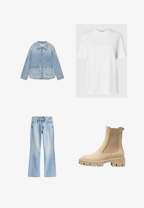 Lyseblå denimjakke med knaplukning, to forlommer med lapper, frynset kant og lange ærmer.; Hvid bomuld t-shirt med korte ærmer og rund halsudskæring. Har en afslappet pasform og et minimalistisk design uden mønstre eller accenter.; Lyseblå denimjeans med høj talje, knap- og lynlåslukning, fem lommer og let udvidede ben.; Beige ankelstøvle med en glat suedefinish, elastiske sidepaneler og en kraftig sål for godt greb. Har dekorative syninger.