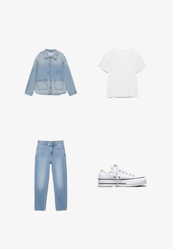 Lyseblå denimjakke med knaplukning, to forlommer med lapper, frynset kant og lange ærmer.; Hvid, kortærmet T-shirt med rund hals og lige kant, vist på en hvid baggrund.; Lyseblå denim jeans med lige pasform, fem lommer og en frontlynlås. Stoffet har en let falmning og en glat tekstur.; Hvid lavtop lærredssneakers med hvide snørebånd, sorte striber på sålen og gummieret tekstureret tåhætte, sidevendt på hvid baggrund.