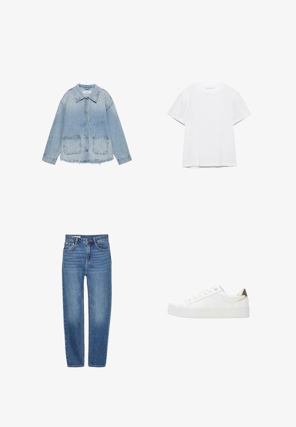 Lyseblå denimjakke med knaplukning, to forlommer med lapper, frynset kant og lange ærmer.; Hvid, kortærmet T-shirt med rund hals og lige kant, vist på en hvid baggrund.; Blå denim jeans med lige ben design, fem-lomme stil og høj talje. Har let falmede områder og kontrasterende syning.; Hvid sneaker lavet af glat syntetisk materiale med rundet tå, snørestrop foran og guldaccente på hælen. Tykk hvid sål.