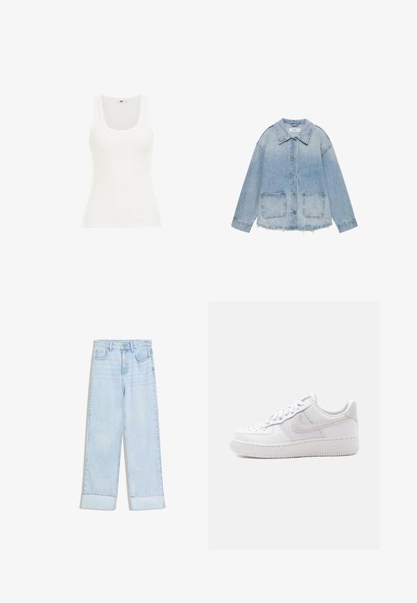 Lyseblå denimjakke med knaplukning, to forlommer med lapper, frynset kant og lange ærmer.; Hvid ribbet tanktop med rund halsudskæring og brede stropper. Stoffet ser strækbart og tætsiddende ud, velegnet til lag-på-lag eller afslappet brug.; Lyseblå denimjeans med høj talje, vidde ben, oprullede manchetter og to forlommer. Stoffet har en let falmet tekstur.; Hvid Nike Air Force 1 sneaker med lavt snit, hvide snørebånd, perforeringer på tåboksen og netpanel bag Nike swoosh-logoet.