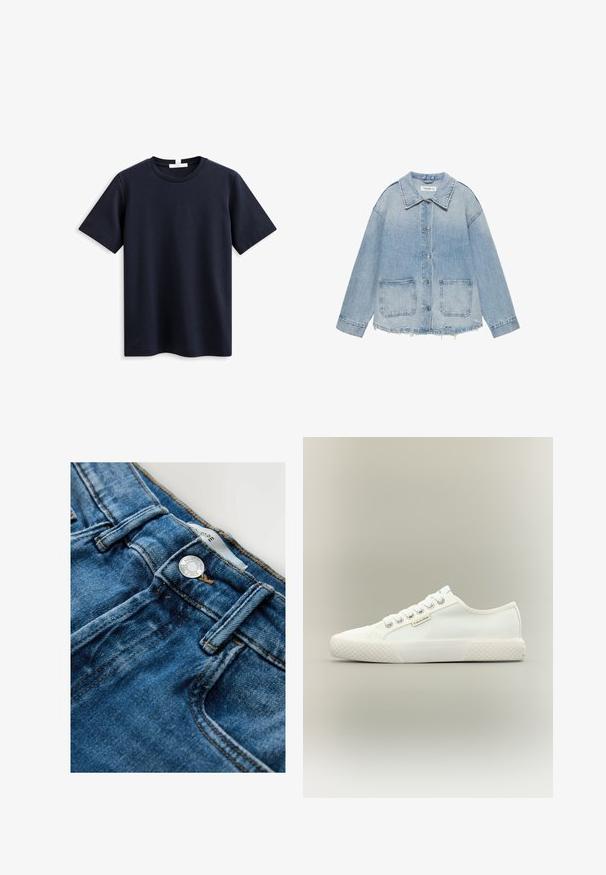 Lichtblauwe spijkerjas met knoopsluiting, twee opgestikte voorzakken, rafelige zoom en lange mouwen.; Navyblauw T-shirt met korte mouwen van zachte katoen, met een klassieke ronde hals en een comfortabele pasvorm, zonder zichtbare merk- of patroon. ; Lichtblauwe spijkerbroek van denim met een ritssluiting en metalen knoop. Heeft contrasterende stiksels en een klassiek ontwerp met vijf zakken.; Witte lage canvas sneaker met een getextureerde rubberen zool, witte veters en een klein Calvin Klein-label aan de zijkant.
