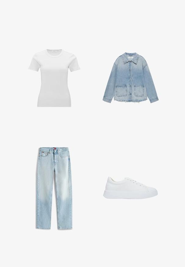 Lichtblauwe spijkerjas met knoopsluiting, twee opgestikte voorzakken, rafelige zoom en lange mouwen.; Witte nauwsluitende dames T-shirt met korte mouwen, geribbeld en met een ronde hals en een klein maatlabel aan de binnenzijde van de kraag.; Lichtblauwe rechte spijkerbroeken met vijf zakken, een ritssluiting en een klein Tommy Hilfiger-logo op de voorste tailleband en het muntzakje.; Witte leren sneakers met een ronde neus, platte veters en een dikke rubberen zool. Gladde textuur met minimale stikseldetails.