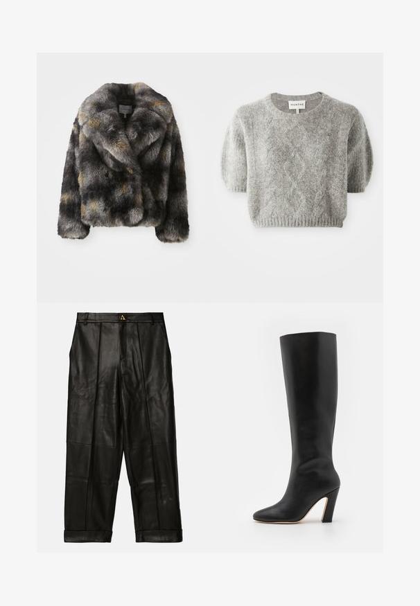 Kort faux fur jakke i blandede grå og brune nuancer med bred krave og lange ærmer, mærket Munthe.; Grå kortærmet pullover sweater med kabelstrik mønster og ribbet kant. Fremstillet af et blødt, tekstureret materiale. Brandlabel synligt ved halsen.; AERON ZIMA PANTS - Skindbukser - black; Sort højhælet støvle i læder med spids tå og en elegant, høj skaft. Hælen er blokformet med en let kurve for støtte.