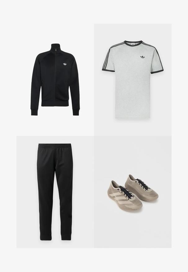 Sort lynlåstrøje med høj krave, ribkanter ved ærmer og bund, sidelommer med lynlås og lille hvid Adidas-logo på venstre bryst.; Grå t-shirt med sorte accenter, med rund hals og korte ærmer. Tre sorte striber på skuldrene, lille logo på brystet.; Sorte træningsbukser lavet af glat stof, med elastisk talje, tætsiddende ben og ribbede manchetter ved anklerne.; Par beige sportssko med sorte snørebånd, med et tekstureret, stribet mønster og tre side striber på en ensfarvet baggrund.