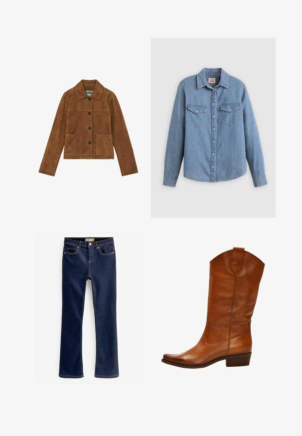 Brun ruskindsjakke med krave, knaplukning foran, to store lommer foran og lange ærmer. Glat tekstur med et minimalistisk design.; Lyseblå denimskjorte med lange ærmer, knapper foran, to brystlommer og klassisk krave. Glat tekstur og afslappet pasform.; Bootcut blå jeans lavet af denim, med forlommer, synlige syninger og en let flared nederste kant. Ingen slid eller dekorationer.; Brune læder cowboystøvle med spids tå, dekorativ syning på forsiden og en lav stablet hæl. Har en trækflap øverst.