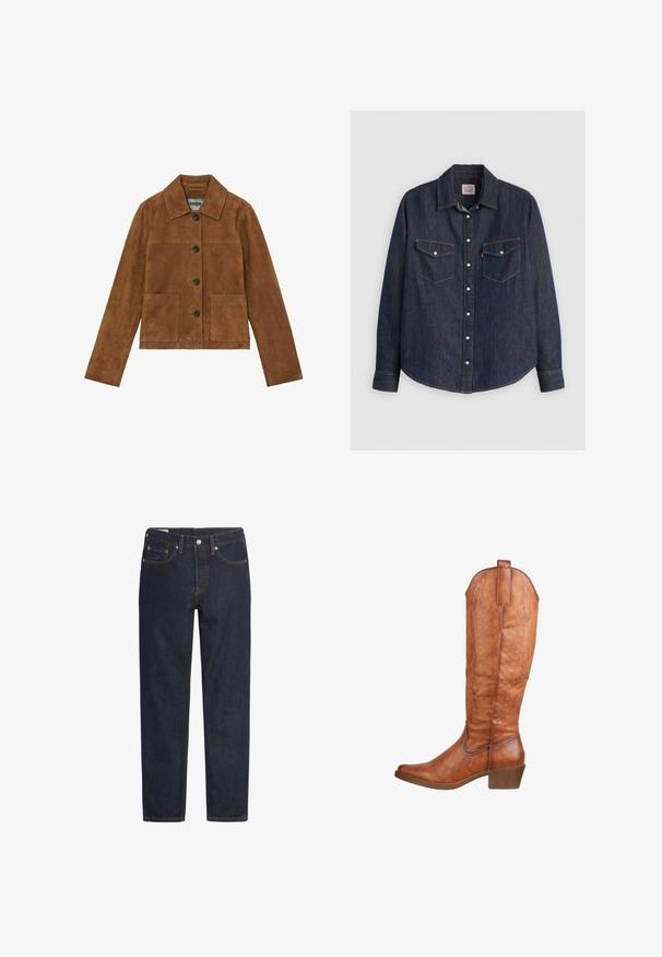 Chaqueta de ante marrón con cuello, cierre frontal de botones, dos grandes bolsillos frontales y mangas largas. Textura suave con un diseño minimalista.; Camisa de denim azul oscuro con mangas largas, cierre de botones en la parte delantera, dos bolsillos en el pecho con solapas y costuras amarillas en contraste.; Jeans de mezclilla azul oscuro con corte recto, diseño de cinco bolsillos, remaches de cobre y detalle de costura naranja a lo largo de las costuras.; Botas de cuero marrón hasta la rodilla con punta ligeramente afilada, costura decorativa y un tacón modesto. Acabado texturizado con una lengüeta en la parte posterior.