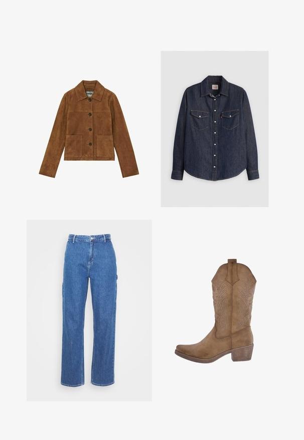Brun ruskindsjakke med krave, knaplukning foran, to store lommer foran og lange ærmer. Glat tekstur med et minimalistisk design.; Mørkeblå denimskjorte med lange ærmer, knaplukning fortil, to brystlommer med klapper og kontrasterende gule sømme.; Blå denim bukser med høj talje og lige ben, der har en frontknaplukning og sidelommer. Glat tekstur uden synlige mønstre.; Brune cowboystøvler med spids tå, dekorativ syning og hævede bladmønstre. Har en mellemhøj blokhælkonstruktion og en glat tekstur.