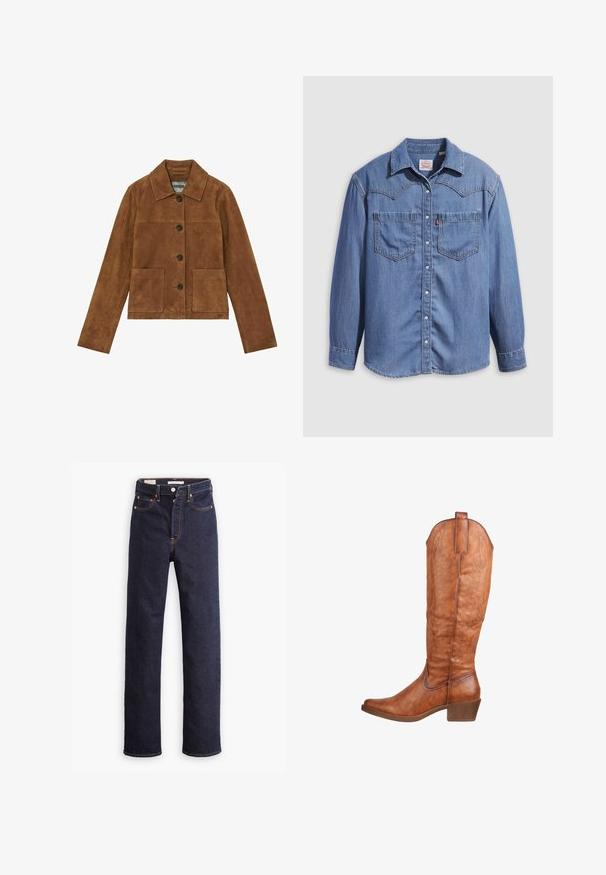 Bruine suède jas met een kraag, knoopsluiting aan de voorkant, twee grote voorzakken en lange mouwen. Gladde textuur met een minimalistisch ontwerp.; Lichtblauw denimshirt met een puntkraag, twee borstzakken en drukknopen. Voorzien van een westernstijl yoke-ontwerp.; Donkerblauwe straight-leg denim jeans met vijf zakken en zichtbare oranje stiksels op een witte achtergrond.; Bruine leren laarzen tot de knie met een lichtpuntige neuzen, decoratieve stiksels en een bescheiden hak. Textuurafwerking met een trekhaak aan de achterkant.