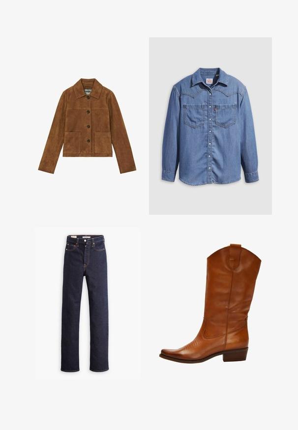 Bruine suède jas met een kraag, knoopsluiting aan de voorkant, twee grote voorzakken en lange mouwen. Gladde textuur met een minimalistisch ontwerp.; Lichtblauw denimshirt met een puntkraag, twee borstzakken en drukknopen. Voorzien van een westernstijl yoke-ontwerp.; Donkerblauwe straight-leg denim jeans met vijf zakken en zichtbare oranje stiksels op een witte achtergrond.; Bruine leren cowboylaars met een spitse neus, decoratieve stitching op de bovenkant en een lage gestapelde hak. Heeft een trek-lipje aan de bovenkant.