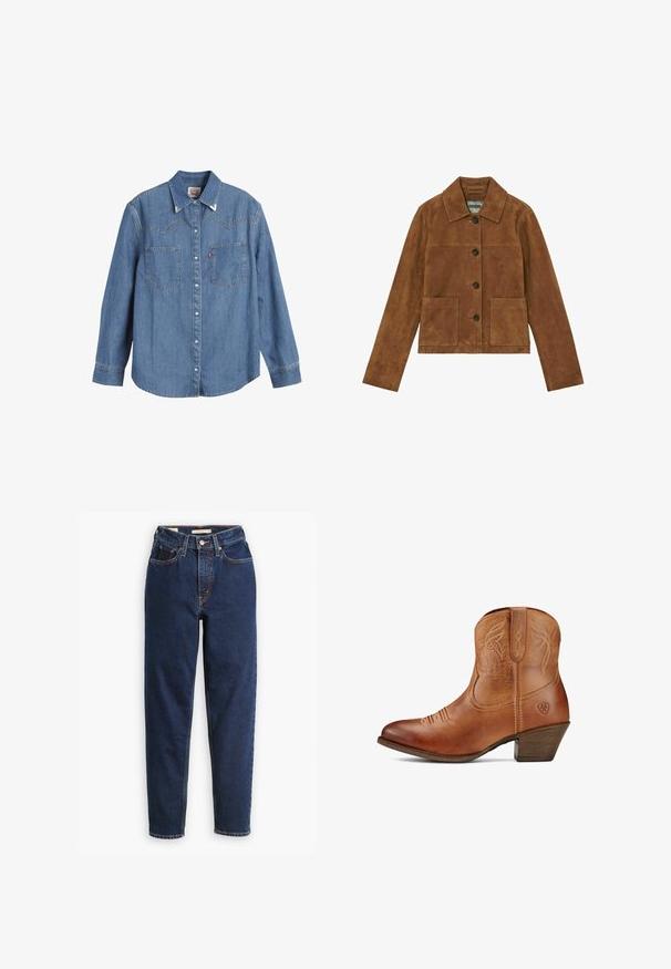 Chaqueta de ante marrón con cuello, cierre frontal de botones, dos grandes bolsillos frontales y mangas largas. Textura suave con un diseño minimalista.; Camisa de mezclilla azul clara con mangas largas, cuello puntiagudo, dos bolsillos en el pecho y costuras en contraste. Presenta un diseño de canesú de estilo occidental.; Jeans de mezclilla azul oscuro con cintura alta, diseño de cinco bolsillos y piernas rectas. Costuras en contraste y cierre de botón.; Ariat DARLIN - Botines camperos - burnt sugar
