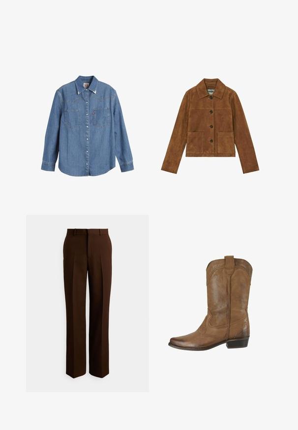 Brun ruskindsjakke med krave, knaplukning foran, to store lommer foran og lange ærmer. Glat tekstur med et minimalistisk design.; Lys blå denimskjorte med lange ærmer, spids krave, to brystlommer og kontraststing. Har et western-inspireret yoke-design.; Brune skræddersyede bukser med et lige ben design, lavet af glat stof, med folder og en standard talje med bæltestropper.; Brun læder cowboystøvle til midt på læggen med dekorative syninger, rund tå, trækstrop øverst og lav stablet hæl.