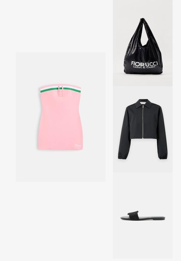 Veste noire courte en tissu lisse, dotée d'un col, d'une fermeture éclair à l'avant et de poignets élastiques. Design simple sans motifs.; Robe mini rose bustier avec bordure rayée verte et blanche en haut, détail à cordon, et petit logo blanc "Juicy" à l'ourlet inférieur.; Sandale plate noire à enfiler avec une large bride sur le pied et un bout carré sur fond blanc.; Sac de shopping noir et brillant avec un haut arrondi et deux anses. Présente un texte imprimé en blanc : "FIORUCCI CASH & CARRY." Matériau souple et flexible.