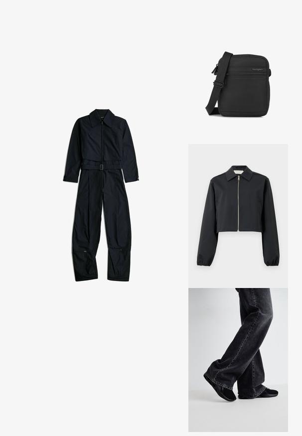 Veste noire courte en tissu lisse, dotée d'un col, d'une fermeture éclair à l'avant et de poignets élastiques. Design simple sans motifs.; Combinaison noire à manches longues avec col, fermeture éclair devant, ceinture ajustable à la taille et zips près du bas des jambes larges sur fond blanc.; Jeans en denim noir à coupe ample et ourlet effiloché, associés à des chaussures noires à enfiler élégantes avec une surface texturée et des découpes.; Petit sac bandoulière noir compact avec sangle réglable, poche avant zippée et logo Hedgren sur une surface en tissu lisse.