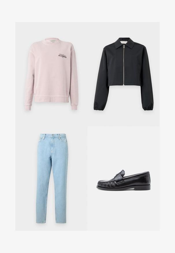 Sort cropped jakke lavet af glat materiale, med krave, lynlås foran og elastiske manchetter. Enkel design uden mønstre.; Lyserød langærmet sweatshirt med rund hals, ribkantede ærmegab og sort tekst "Infinite Summer ALLSAINTS London" på venstre bryst.; Lyseblå denimjeans med lige ben, femlommers design og knaplukning. Har subtilt slid og en glat tekstur.; Sorte læderloafers med rundet tå, karakteristisk syning og en dekorativ rem over vampen. Glat finish og lav hæl.