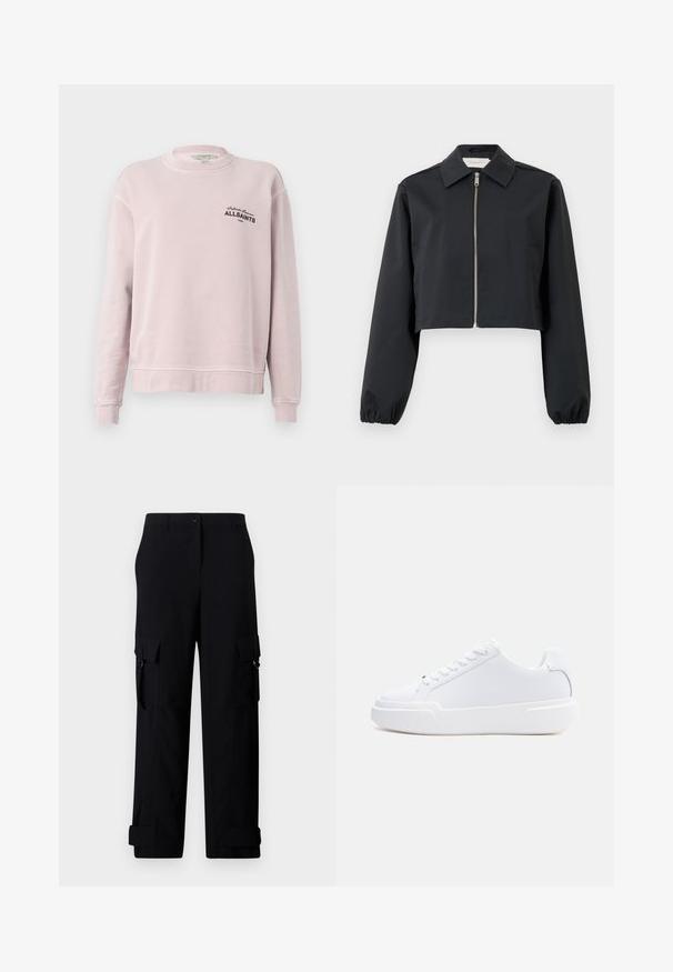 Schwarze cropped Jacke aus glattem Stoff, mit Kragen, Frontreißverschluss und elastischen Bündchen. Einfaches Design ohne Muster.; Hellrosa Sweatshirt mit langen Ärmeln, Rundhalsausschnitt, gerippten Bündchen und schwarzem Schriftzug "Infinite Summer ALLSAINTS London" auf der linken Brust.; Schwarze Cargo-Hosen mit weitem Bein, ausgestattet mit zwei Seitentaschen und umgeschlagenen Bündchen. Hergestellt aus robustem Stoff mit glatter Textur.; Weißer Sneaker mit niedrigem Schaft, Schnürverschluss, dicker Sohle und glattem Obermaterial, von der Außenseite vor einem einfarbigen hellen Hintergrund gezeigt.