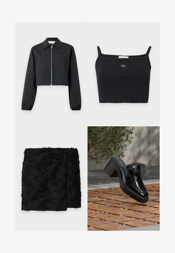 Veste noire courte en tissu lisse, dotée d'un col, d'une fermeture éclair à l'avant et de poignets élastiques. Design simple sans motifs.; Haut court côtelé noir avec fines bretelles et petit patch logo Calvin Klein centré sur la poitrine.; Jupe noire en tissu texturé avec des accents effilochés. Forme carrée, longueur au-dessus du genou et détail de bouton sur le côté.; Mule slip-on en cuir noir Calvin Klein avec talon bloc reposant sur des carreaux en bois à l'extérieur près d'une plante verte et d'un mur gris.