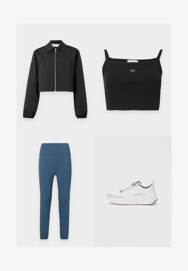 Chaqueta negra cortada hecha de tela suave, con cuello, cierre frontal con cremallera y puños elásticos. Diseño sencillo sin patrones.; Top corto negro acanalado con tirantes delgados y un pequeño parche con el logo de Calvin Klein centrado en el pecho.; Leggings azules de cintura alta fabricadas con tela elástica. Textura suave con un ajuste ceñido y detalles cosidos a lo largo de las costuras.; Zapatillas deportivas blancas con upper de cuero liso, detalles en gris, puntera redonda, entresuela texturizada y una lengüeta en el talón.