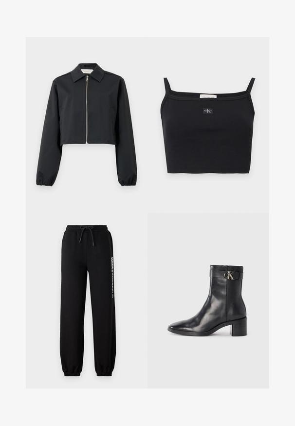 Sort cropped jakke lavet af glat materiale, med krave, lynlås foran og elastiske manchetter. Enkel design uden mønstre.; Sort ribstrikket cropped top med tynde stropper og et lille Calvin Klein-logoapplikation midt på brystet.; Sorte sweatpants med elastisk talje, justerbar snor og tætsiddende manchetter. Har et hvidt logo trykt på venstre side.; Sort læder ankelstøvle med spids tå, blokhæl og en rem med en metallisk logo detalje. Glat tekstur og minimalistisk design.