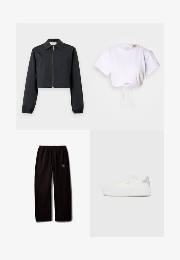 Chaqueta negra cortada hecha de tela suave, con cuello, cierre frontal con cremallera y puños elásticos. Diseño sencillo sin patrones.; Camiseta blanca corta hecha de una tela suave. Presenta un cuello redondo, mangas cortas y un cordón en la parte inferior para ajustar.; Pantalones negros de pierna ancha con cintura elástica y bolsillos laterales, con un pequeño parche con el logo de Calvin Klein en el muslo derecho.; Zapatillas de lona blancas con una suela blanca gruesa, presentan un acento metálico plateado en el talón y un sutil detalle del logo en el lateral.