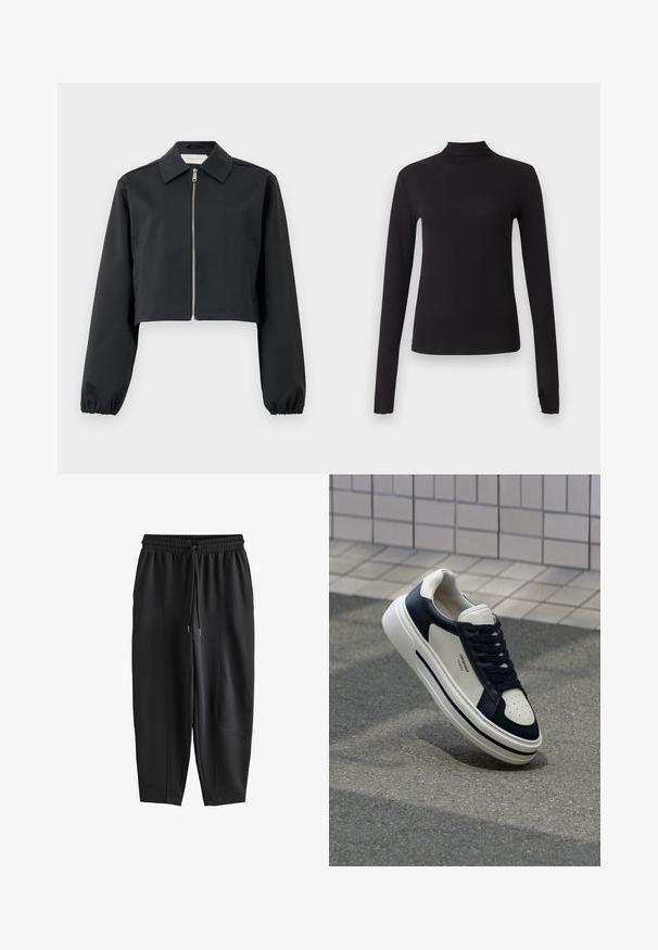 Sort cropped jakke lavet af glat materiale, med krave, lynlås foran og elastiske manchetter. Enkel design uden mønstre.; Sort langærmet tætsiddende top med høj hals, vist på ensartet lysegrå baggrund.; Sorte sweatpants med taperet pasform, elastisk talje og snøre, med sømdetaljer foran og afslappet pasform.; Hvide og marineblå lædersneakers med perforeret tå, snørebånd og en struktureret gummisål, som har branding på siden.