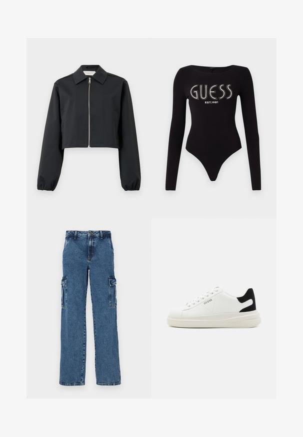 Chaqueta negra cortada hecha de tela suave, con cuello, cierre frontal con cremallera y puños elásticos. Diseño sencillo sin patrones.; Bodysuit negro de manga larga con escote redondeado, que presenta "GUESS" en pedrería y "EST.1981" en blanco, confeccionado en una tela elástica.; Pantalones cargo de denim azul con un ajuste relajado, que cuentan con dos bolsillos laterales, costuras reforzadas y un diseño de pierna recta.; Zapatillas blancas de cuero con una suela blanca gruesa, acento en el talón de ante negro y logo grabado en el lateral. Diseño de cordones con seis ojales.