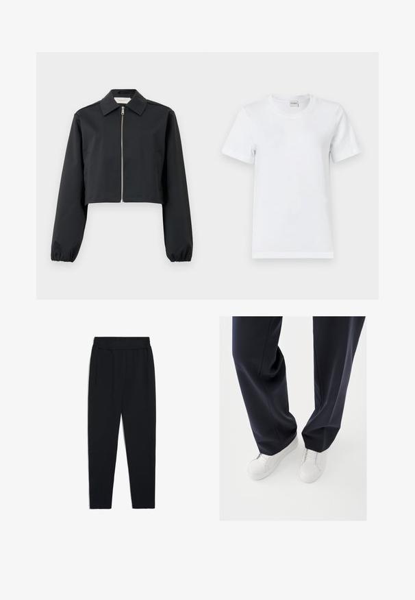 Zwarte cropped jas van gladde stof, met een kraag, ritssluiting aan de voorkant en elastische manchetten. Eenvoudig ontwerp zonder patronen.; Witte katoenen t-shirt met een ronde halslijn, korte mouwen, rechte zoom en een gladde textuur. Geen patronen of extra materialen.; Zwarte joggers gemaakt van zachte stof, met een elastische tailleband, zijzakken en taps toelopende pijpen voor een aangesloten look.; Witte sneakers met gestructureerde rubberen zolen en platte veters, gecombineerd met donkerblauwe broeken die een losse, soepele stof en een getailleerde pasvorm laten zien.