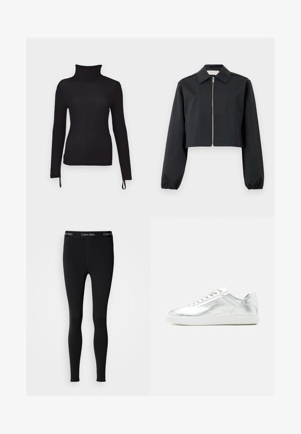 Veste noire courte en tissu lisse, dotée d'un col, d'une fermeture éclair à l'avant et de poignets élastiques. Design simple sans motifs.; Chemise noire à manches longues, col roulé, coupe slim, texture côtelée, avec des cordons de serrage réglables à l'ourlet pour une longueur personnalisable.; Leggings Calvin Klein noirs, longueur totale, avec taille élastique à logo, coupe ajustée et tissu lisse, présentés sur un fond uni.; Baskets basses argent métallisé avec semelle et lacets blancs, texture lisse et logo discret embossé sur le côté.