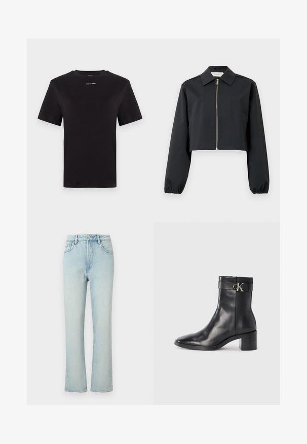 Schwarze cropped Jacke aus glattem Stoff, mit Kragen, Frontreißverschluss und elastischen Bündchen. Einfaches Design ohne Muster.; Schwarzes Baumwoll-T-Shirt mit kurzen Ärmeln, Rundhalsausschnitt und kleinem weißen "Calvin Klein"-Logo auf der Brust. Glatte Textur, klassischer Schnitt.; Hellblaue Jeans mit hoher Taille und geradem Bein, vorne mit Knopf, Gürtelschlaufen und klassischem Fünf-Taschen-Design auf einfarbigem Hintergrund.; Schwarze Leder-Ankle Boots mit spitzem Zehenbereich, Blockabsatz und einem Riemen mit einem metallischen Logodetail. Glatte Textur und minimales Design.