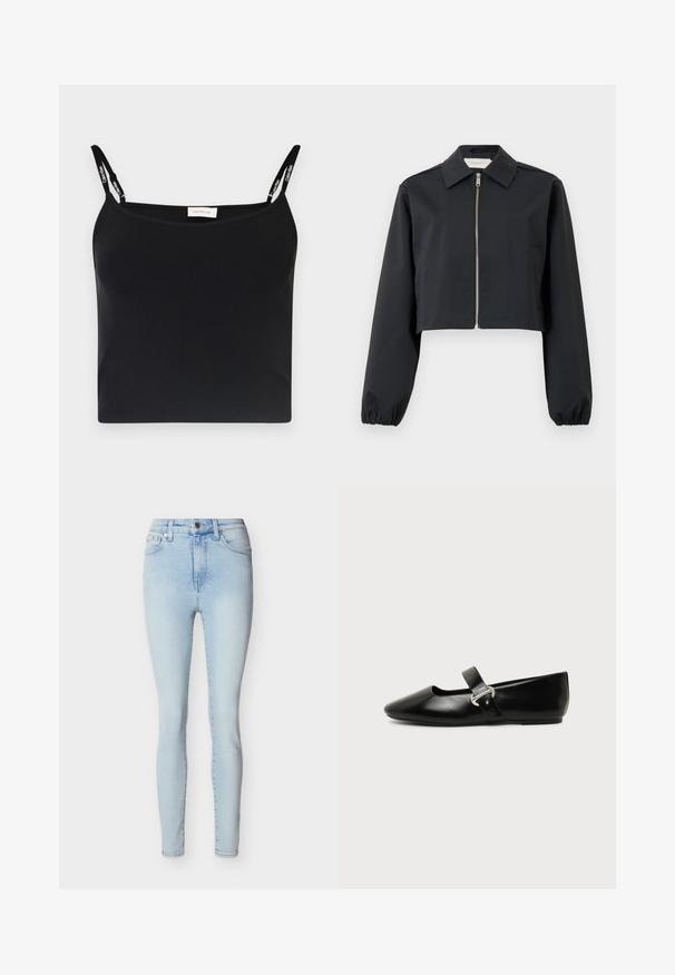 Sort cropped jakke lavet af glat materiale, med krave, lynlås foran og elastiske manchetter. Enkel design uden mønstre.; Sort ribbet top med tynde stropper og Calvin Klein branding. Enkel, tætsiddende design med en glat tekstur og uden yderligere mønstre.; Lyseblå skinny jeans med højtaljede, frontknap og lynlåslukning, fem lommer og diskret falmning ned ad benene.; Sort læder Mary Jane-flad sko med rundet tå og sølvspænde på ensfarvet baggrund.