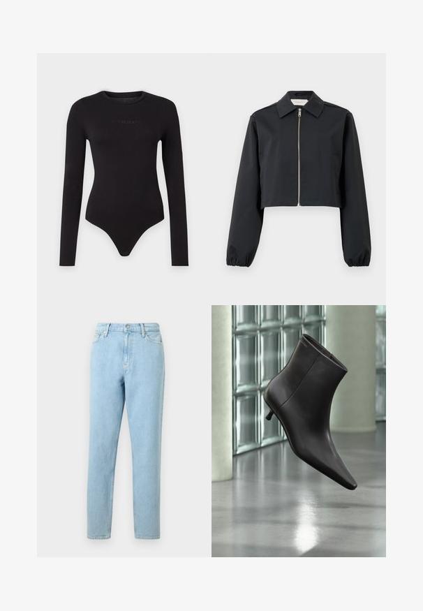 Sort cropped jakke lavet af glat materiale, med krave, lynlås foran og elastiske manchetter. Enkel design uden mønstre.; Sort langærmet bodysuit lavet af blødt stof, med rund hals og en struktureret "Guess Jeans" logo på forsiden.; Lyseblå denimjeans med lige ben, femlommers design og knaplukning. Har subtilt slid og en glat tekstur.; Sort læderankelstøvle med spids tå og lille hæl vist mod en væg af glasblokke og poleret gulv baggrund.