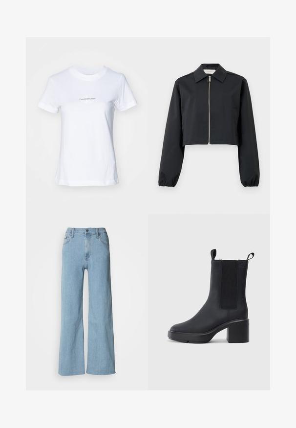 Sort cropped jakke lavet af glat materiale, med krave, lynlås foran og elastiske manchetter. Enkel design uden mønstre.; Hvid bomulds t-shirt med rund hals, korte ærmer og grafisk tryk foran i blåt tekst: "CalvinKleinJeans" med et stiliseret "K" logo.; Lyseblå vidde jeans lavet af denim, med en tætsiddende talje, fem-lomme design og subtile syningsdetaljer.; Sorte ankelstøvler i glat gummimateriale, med elastiske sidepaneler, blokhæle og trækskilt øverst for nem påtagning.