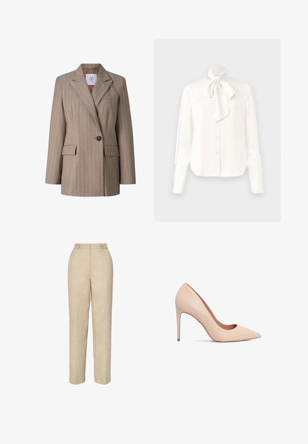 Beige blazer med enkelt knap, tynde hvide lodrette nålestriber, spidse reverser, to forlommer med klap og en brystlomme med kant.; Hvid langærmet bluse i et let materiale med høj krave og stort Sløjfedetalje ved halsen, der har en knappet front.; Beige skræddersyede bukser med en glat, struktureret stof, høj talje og to frontknapper. Har en lige benbredde og minimal syning.; Beige læder højhælede pumps med spids tå og en glat tekstur. Har en slank stilettohæl og et lavt skårede design.