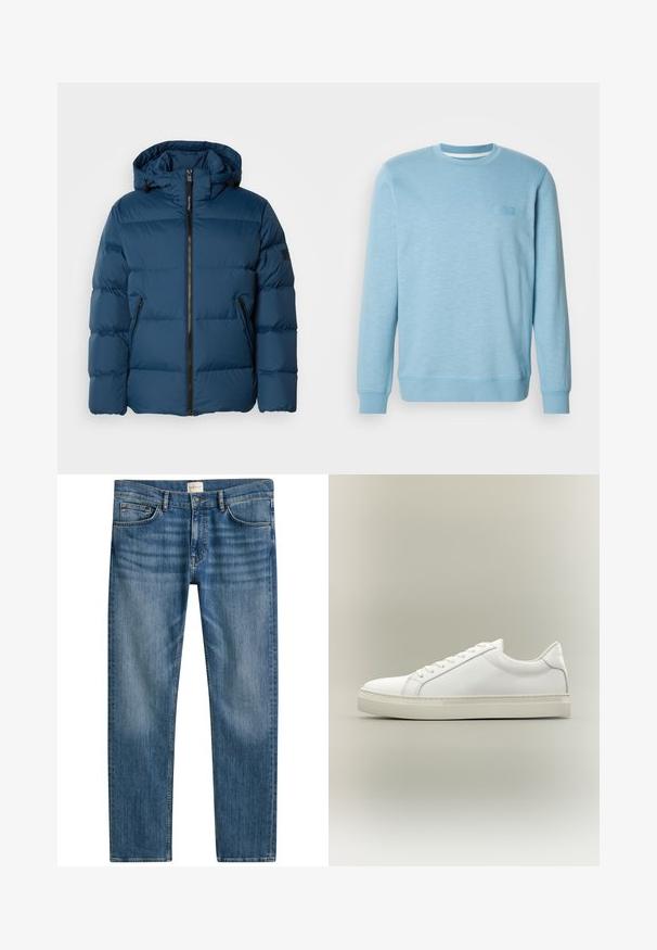 Blå pufferjakke med hætte, der har en frontlynlås, to sidelommer og quiltede sektioner til isolering. Glat, vandafvisende materiale.; Lys blå sweatshirt lavet af blanding af bomuld, med rund hals, lange ærmer, ribbede manchetter og et subtilt tekstureret mønster.; Blå denimjeans med lige snit, der har fem lommer, knaplukning og let falmning over stoffet for tekstur.; Hvid lavtop sneaker med snørebånd foran og tyk sål, vist fra siden mod en neutral baggrund.