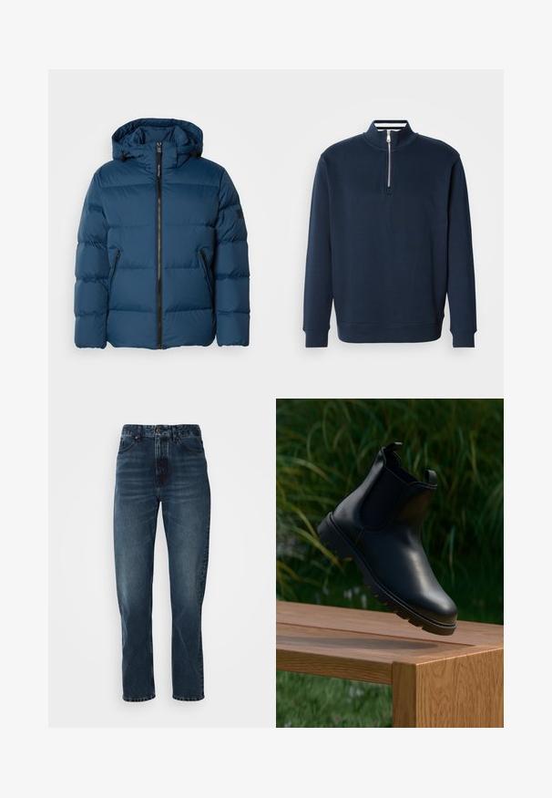 Chaqueta acolchada azul con capucha, que cuenta con un cierre frontal, dos bolsillos laterales y secciones acolchadas para aislamiento. Material suave y resistente al agua.; Sudadera azul marino con cuello alto y media cremallera. Fabricada con tela suave, cuenta con puños y dobladillo acanalados para un ajuste cómodo.; Jeans de pierna recta azul oscuro con cierre frontal de botón y cremallera, diseño de cinco bolsillos y un ligero desgaste en los muslos y las rodillas.; Bota Chelsea de cuero negro con punta redonda, paneles laterales elásticos, tiradores y suela de goma texturizada, colocada sobre una superficie de madera.