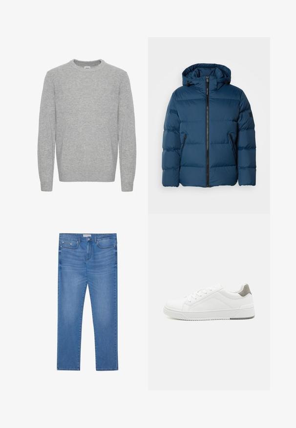 Blå pufferjakke med hætte, der har en frontlynlås, to sidelommer og quiltede sektioner til isolering. Glat, vandafvisende materiale.; Lysegrå strikket sweater med rund hals og lange ærmer, med ribbet manchetter og kant, frontvendt på hvid baggrund.; Lyseblå denimjeans med lige ben, femlommes design, subtil falming og metalbeslag ved taljen og lommerne.; Hvid sneaker lavet af glat læder, rund tå, minimalistisk design, grå hælafsats og tekstureret gummisål.
