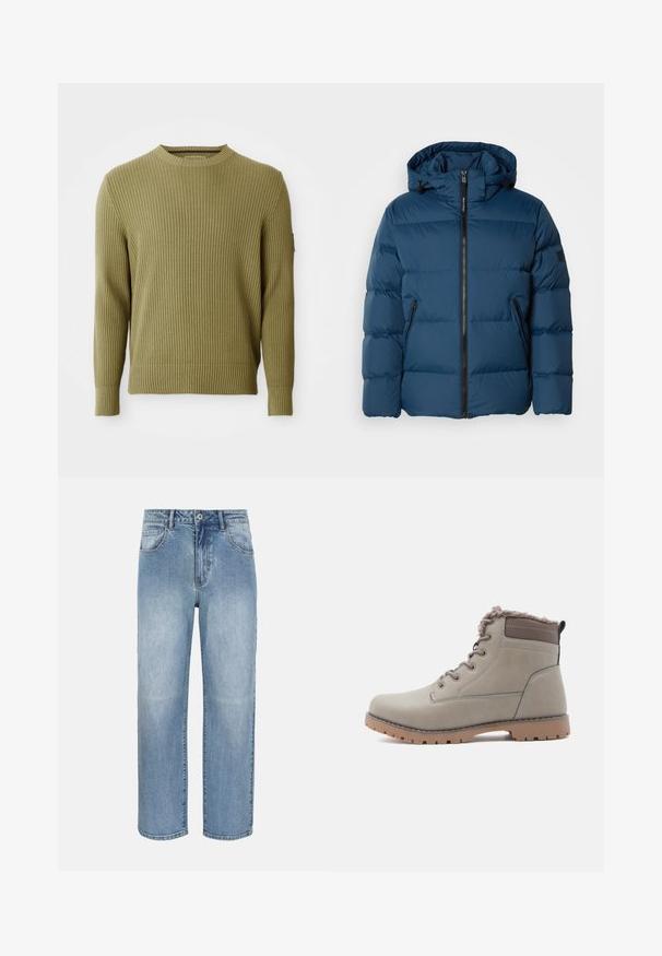 Blå pufferjakke med hætte, der har en frontlynlås, to sidelommer og quiltede sektioner til isolering. Glat, vandafvisende materiale.; Ribbet strikket olivengrøn langærmet crew neck sweater med tætsiddende manchetter og en lille patchdetalje på venstre ærme.; Lyseblå, lige ben jeans med frontknap, lynlåslukning, bæltestropper og forlommer på en hvid baggrund.; Grå ankelstøvle med en blød, tekstureret krave, snørelukning, gummisål og kontrasterende brune detaljer på overdelen og hælen.