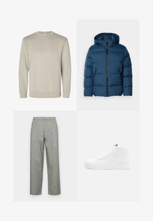 Blaues Puffer-Jackett mit Kapuze, ausgestattet mit einem Frontreißverschluss, zwei seitlichen Taschen und gesteppten Bereichen zur Isolierung. Glattes, wasserabweisendes Material.; Beiger Sweatshirt mit langen Ärmeln und Rundhalsausschnitt, mit gerippten Bündchen und Saum, auf weißem Hintergrund dargestellt.; Graue maßgeschneiderte Hose aus strukturiertem Stoff mit geradem Bein, Bundfalten und einem Standardbund mit Gürtelschlaufen.; Weißer High-Top-Sneaker aus glattem Kunstmaterial. Mit Reißverschluss an der Seite, runder Zehenpartie und strukturiertem Gummisohle.
