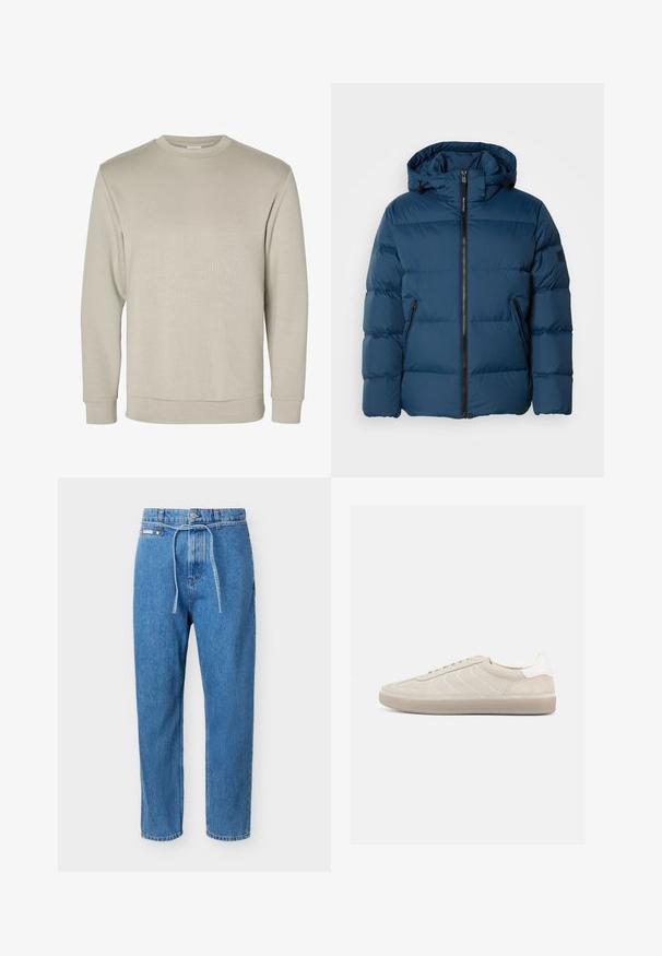 Blå pufferjakke med hætte, der har en frontlynlås, to sidelommer og quiltede sektioner til isolering. Glat, vandafvisende materiale.; Beige langærmet sweatshirt med rund halsudskæring, ribkant ved ærmer og bund, vist på hvid baggrund.; Blå denimjeans med lige ben, høj talje, forreste knap, lynlåslukning og et tyndt denimbælte bundet i taljen.; Beige ruskindssneaker med en tekstureret overdel, glat hvid hælkappe, tynde snørebånd og en gummi-ydersål. Har et lavt profil design.